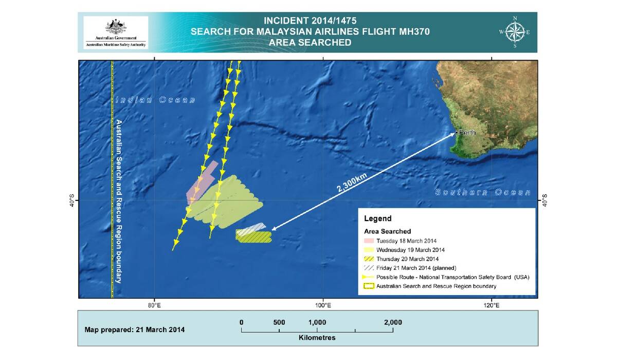 The cumulative search area covered this week in the search for missing Malaysian Airlines flight MH370.
