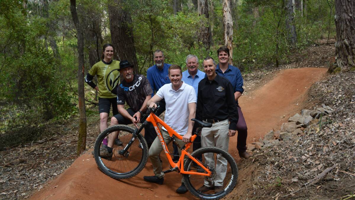 WA Mountain Bike Association president Louise Wallace, Margaret River Off Road Cycling Association's John Dingey, Department of Parks and Wildlife South West officer Bob Hagan, Common Ground's David Wilcox, South West MLC Barry House, environment minister Albert Jacob and West Cycle's Rod Annear at the new trail in Bramley National Park.