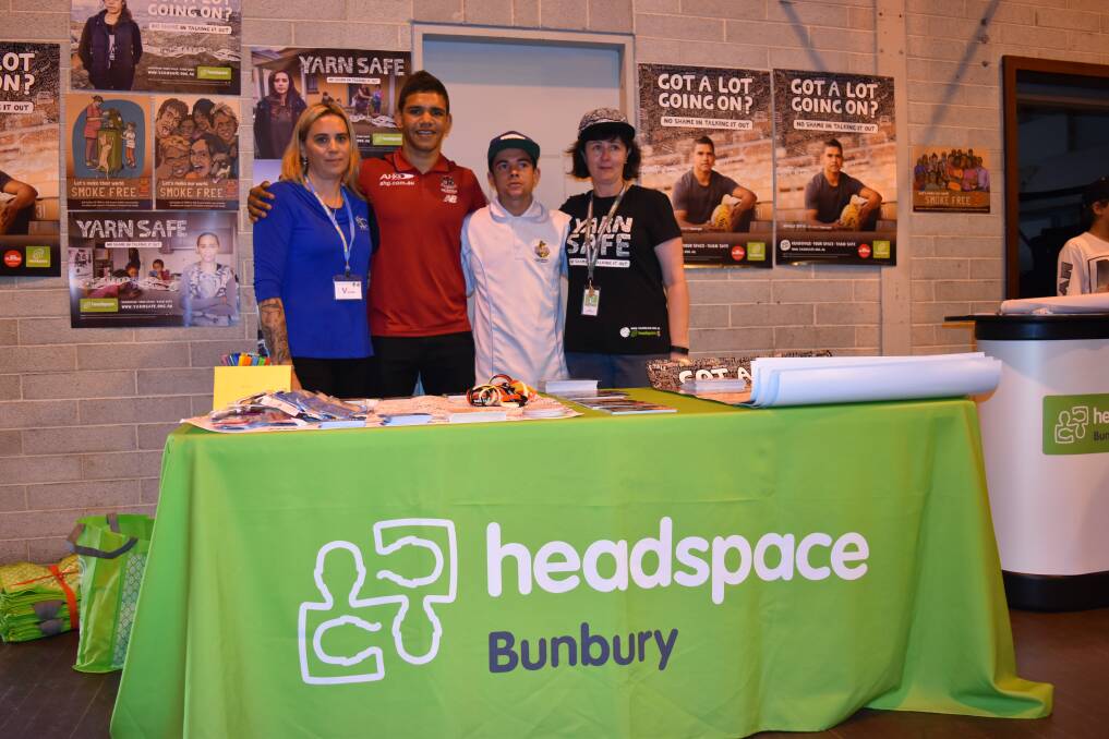 South West Aboriginal Medical Service’s Natalie Jetta, Melbourne Demon and Headspace ambassador Neville Jetta, Newton Moore Senior High School Student Eli Hill and Headspace Bunbury centre manager Nicky Smith.   