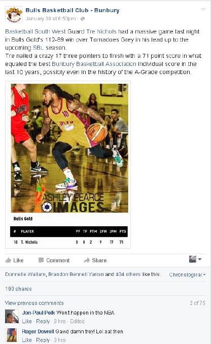 Bulls Basketball Club's Facebook page received a high amount of attention after posting about Nichols' performance.