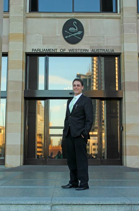 Bunbury student Sebastian Schiano Di Cola on the steps of Parliament House as part of the 2014 Youth Parliament. Image by Krystal Hartig. 