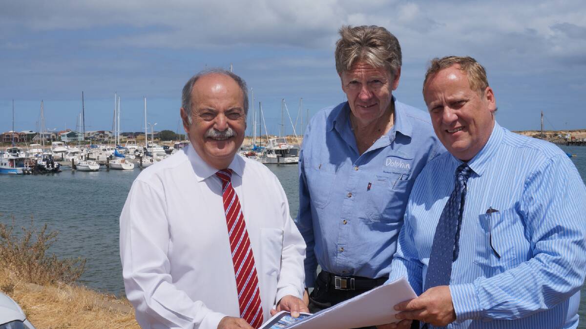 Bunbury MLA John Castrilli has welcomed $1 million in state government funding for environmental studies which will advance the city's marine facilities project. He is pictured with Bunbury Marine Facilities Alliance chair David Kerr and South West Development Commission chief executive Don Punch. 