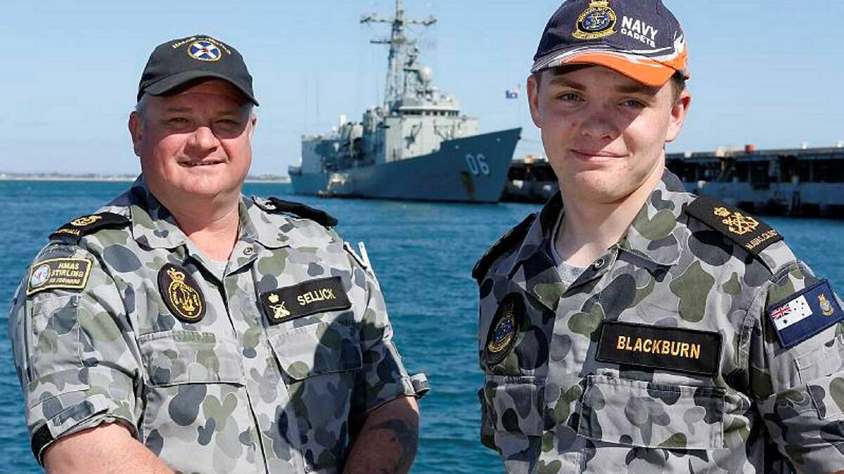 Chief Petty Officer Bosun Brett Sellick with Australian Navy Cadet unit TS Bunbury's, Cadet Petty Officer Liam Black, at HMAS Stirling, Western Australia.