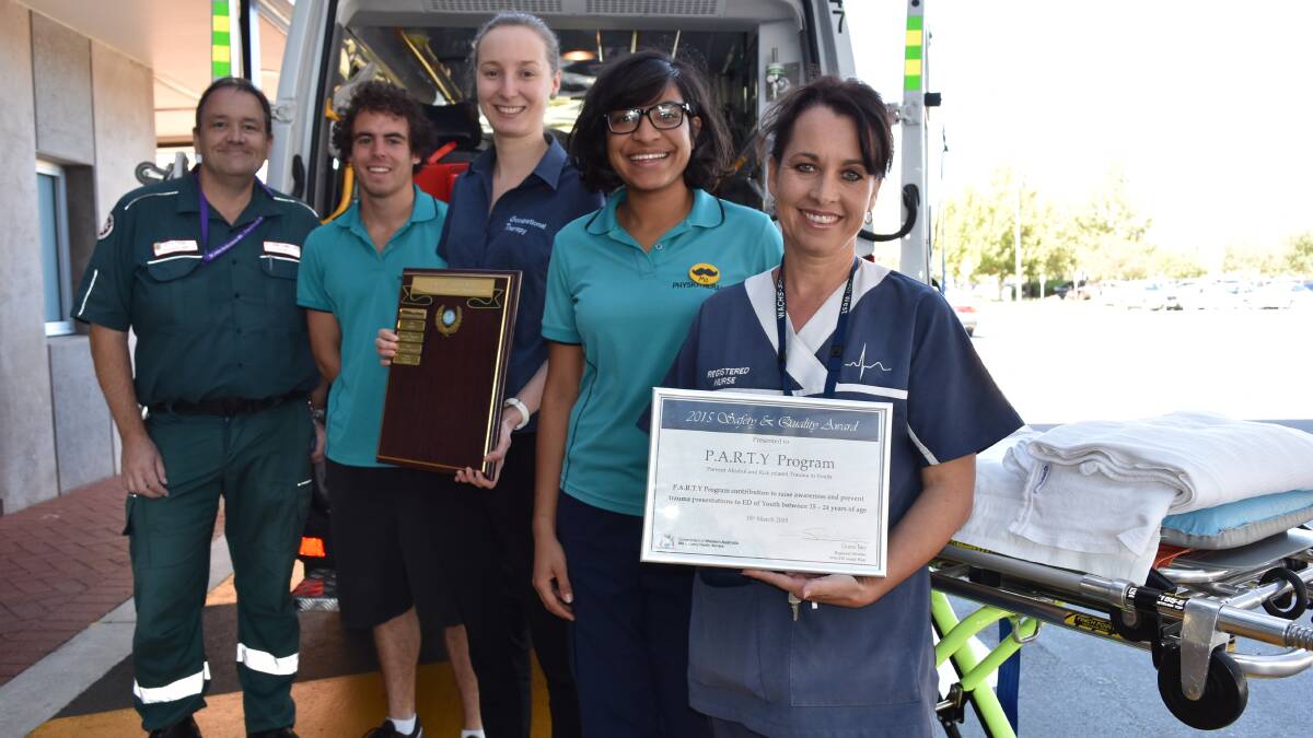 The Bunbury Regional Hospital's P.A.R.T.Y program has been awarded for its success in teaching local teens about the dangers of alcohol abuse. Pictured is St John Ambulance paramedic Charles Wilks, physiotherapist Charles Donovan, occupational therapist Michelle Whyte, physiotherapist Mohini Hindocha and nurse Mauretta Johnston. 

