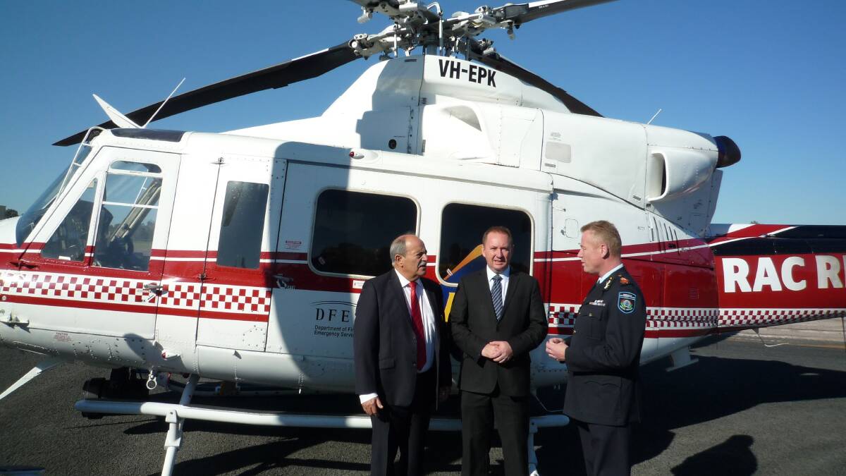 Bunbury MLA John Castrilli, with Emergency Services Minister Joe Francis and DFES commissioner Wayne Gregson, welcomes confirmation that Bunbury will be the site of the State's second emergency rescue helicopter service. A new chopper will be based at Bunbury Airport and is expected to begin flying missions in the first half of 2016.