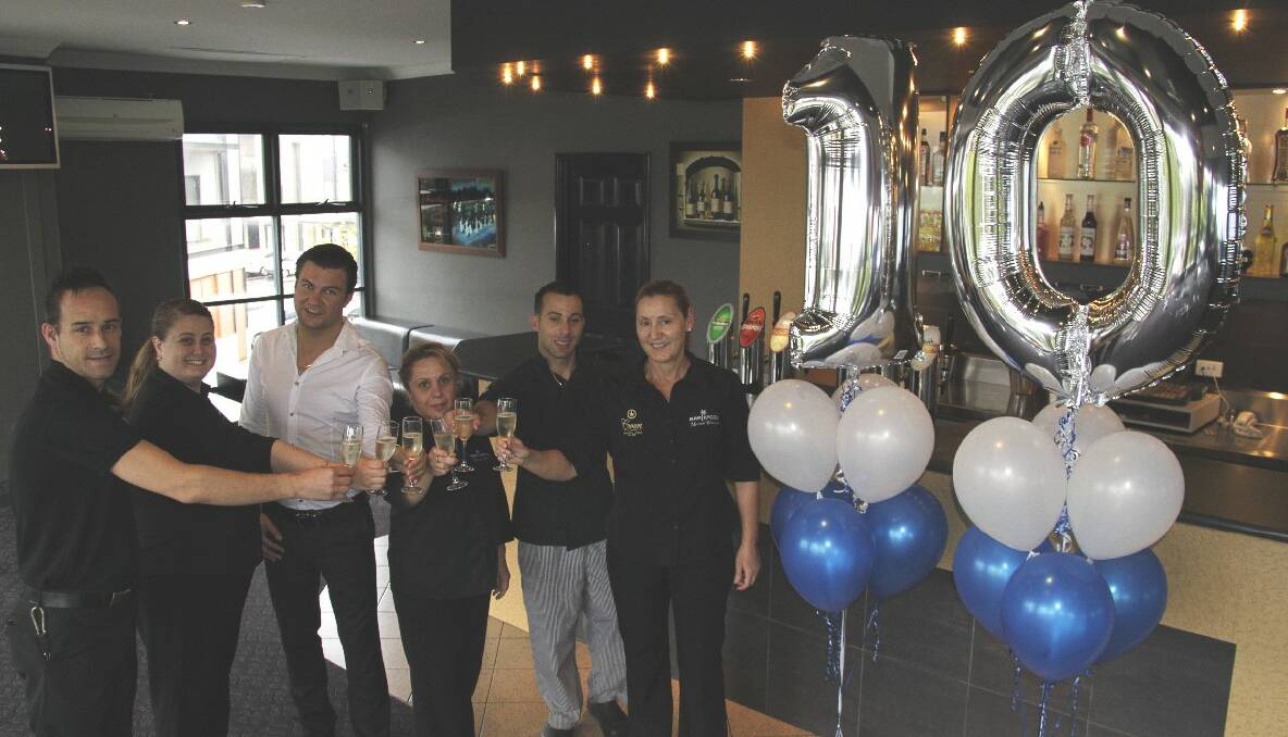 Barbados Lounge Bar will celebrate its 10th birthday on the Marlston waterfront this month. Pictured is general manager Leon Vardaro (centre) with bar manager Troy Samuel, restaurant managers Rebecca Dalton and Maria Cavallaro, head chef Mark Palumbo and restaurant manager Karen Robinson. Photo by Shanelle Miller/Bunbury Mail.