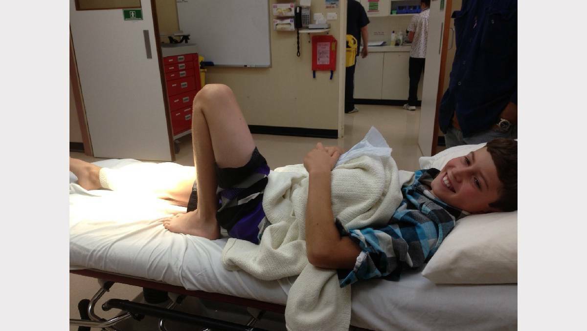 Cale Pike recovers in hospital after spearing his leg through a metal spike. Photo: Collie Mail.