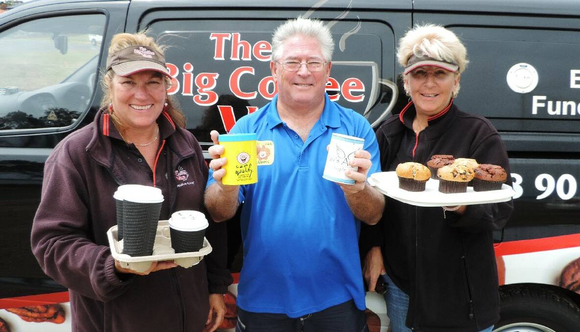 The Australind Big Coffee Van is helping raise funds for local charities including Camp Quality. Pictured is Cindy Koch, Chris Mills and Deb Hiscock. Photo: Bunbury Mail. 