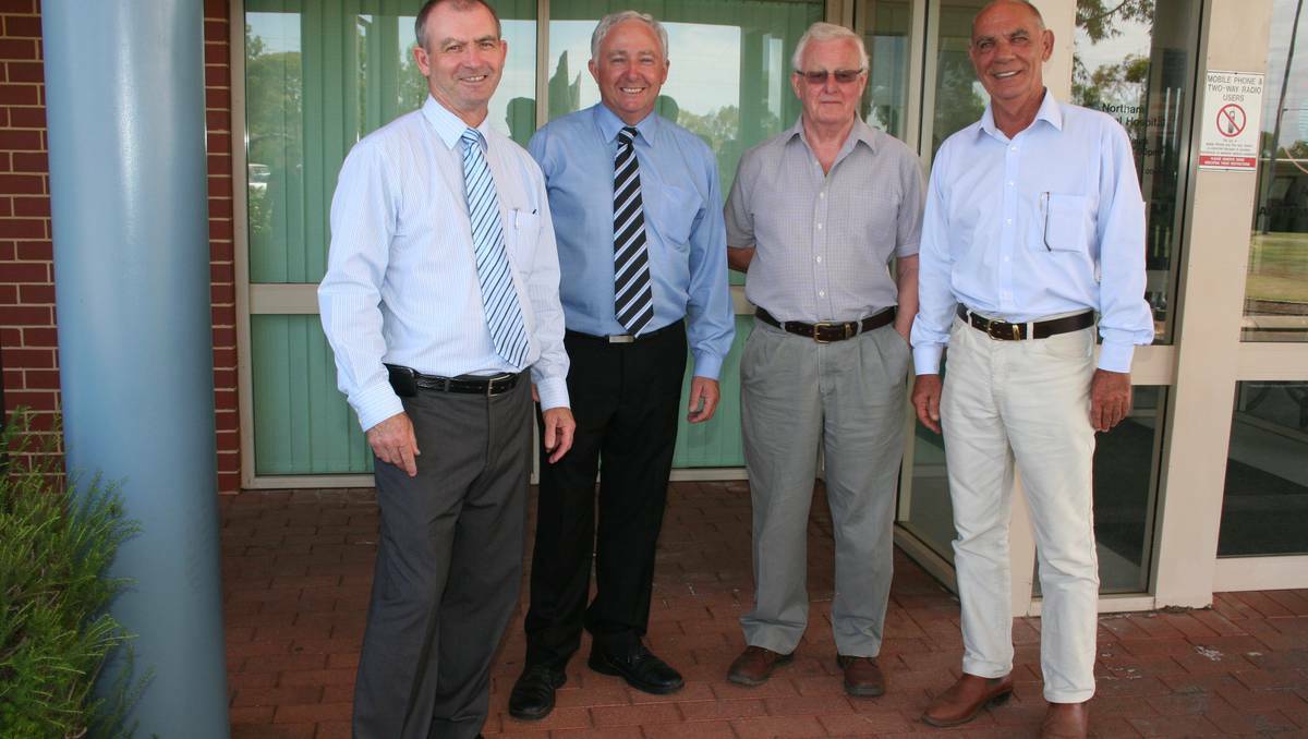 Minister for Health Kim Hames (left) with Liberal candidate for Central Wheatbelt Stephen Strange, chairman of the Wheatbelt GP Network Dr Duncan Steed and Liberal MLC for the Agricultural Region Jim Chown after announcement at Northam hospital.