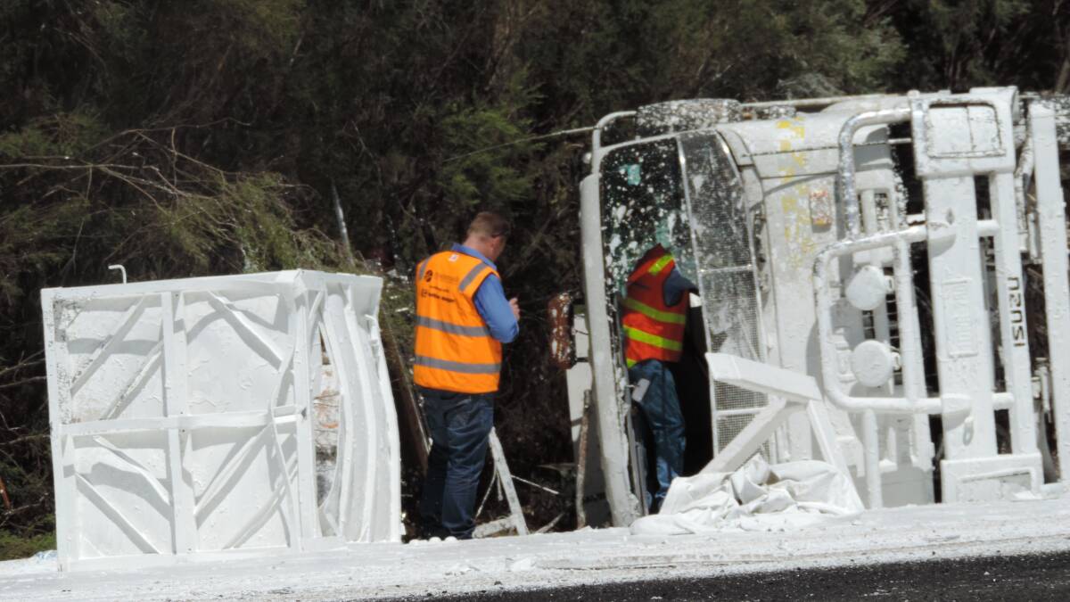 Photos from the scene of a two truck crash on Old Coast Road near Binningup on Wednesday. Pictures by Anne-Maree Leonard. 