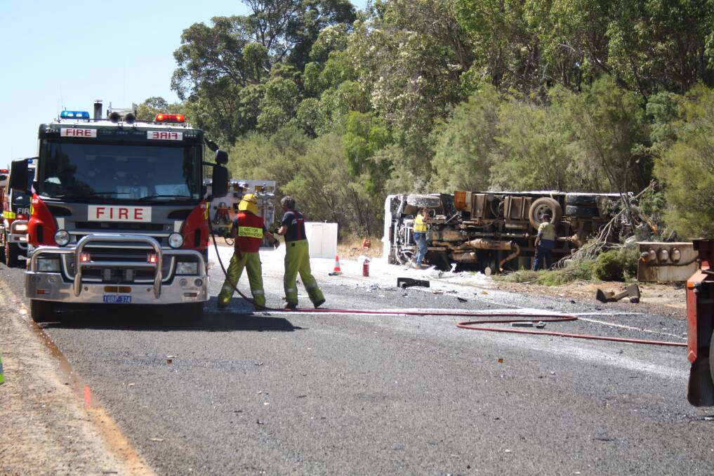 Photos from the scene of a two truck crash on Old Coast Road near Binningup on Wednesday. Pictures by Andrew Elstermann. 