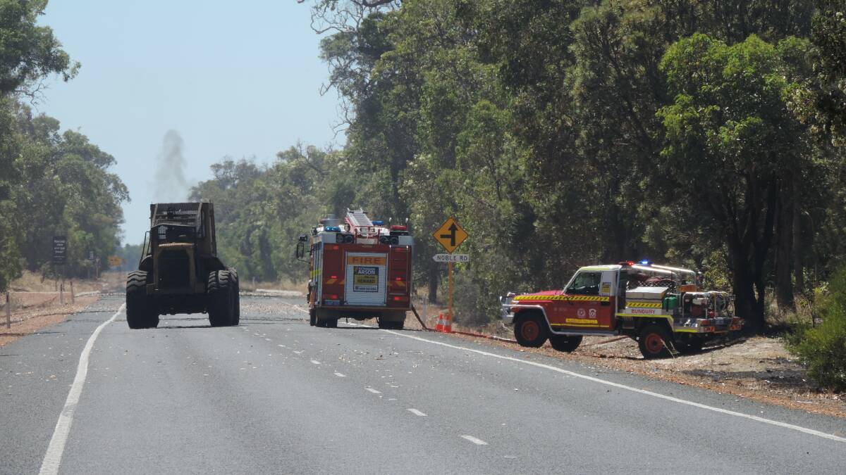 Photos from the scene of a two truck crash on Old Coast Road near Binningup on Wednesday. Pictures by Anne-Maree Leonard. 