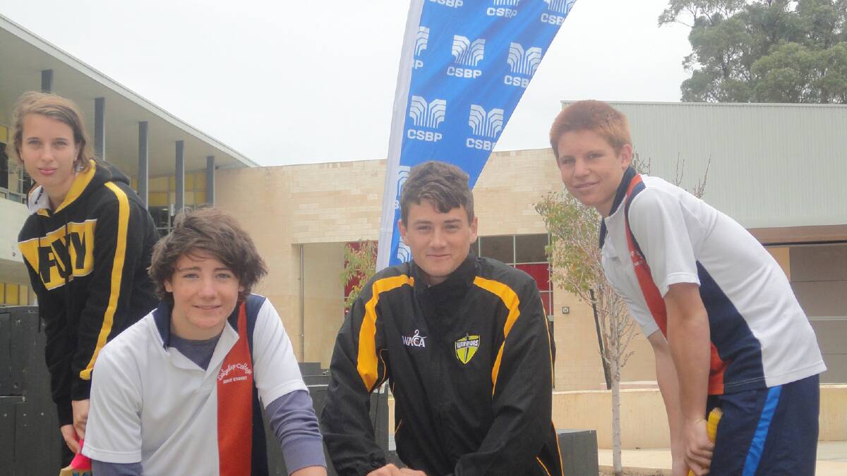 Bunbury raised cricket stars Sam Whiteman and Chloe Piparo came back to their stomping ground on Monday as part of the Western Australia’s Cricket Association’s regional awareness campaign. Pictured is Chloe Piparo, Dalyellup College student Codey Grant, Sam Whiteman and student Keagan Schoultz.