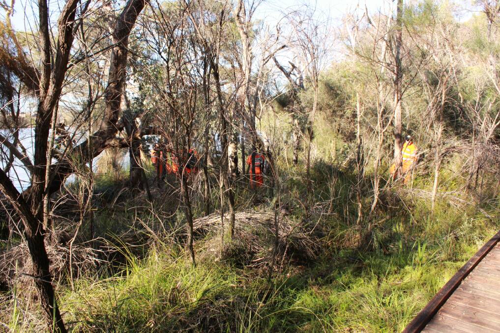 SES volunteers search along the Collie River for missing teenager Joshua Mcleod. 