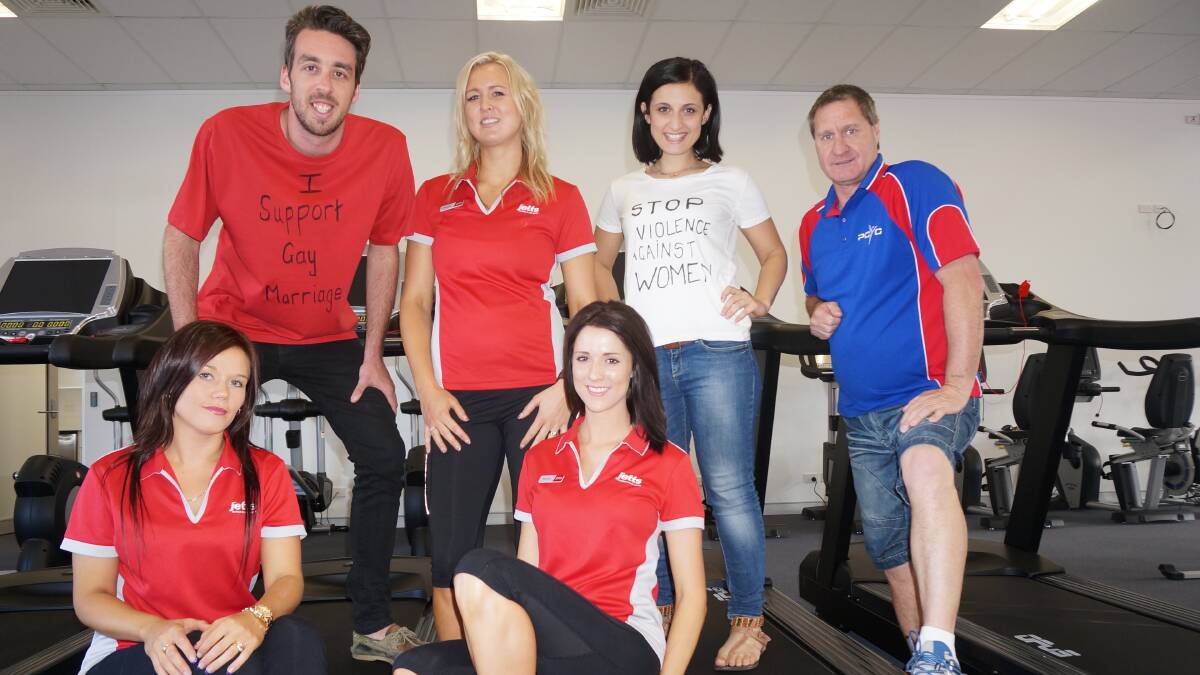 New gym Jetts Bunbury will host a Running For Rights fundraiser this weekend which will raise money for Bunbury PCYC. Pictured is Jetts trainers Amy Arnold, Naiomi Peri and Simone Larking with Hot FM presenters Tom and Rosie and PCYC youth worker Gary O’Dine. 