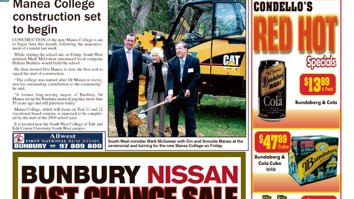 Remembering Dr Ern Manea. Pictured is South West minister Mark McGowan with Ern and Snookie Manea at the ceremonial sod turning for the new Manea College in September 2007. 