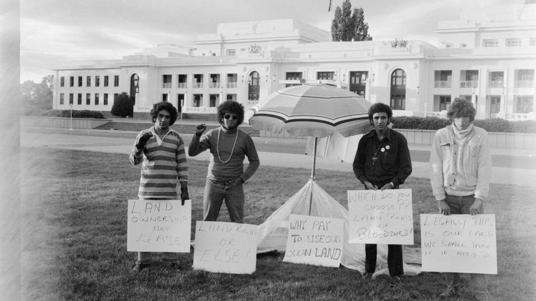Billy Craigie, Bert Williams, Michael Anderson and Tony Coorey at the Aboriginal Tent Embassy, January 27, 1972. Picture: State Library of NSW