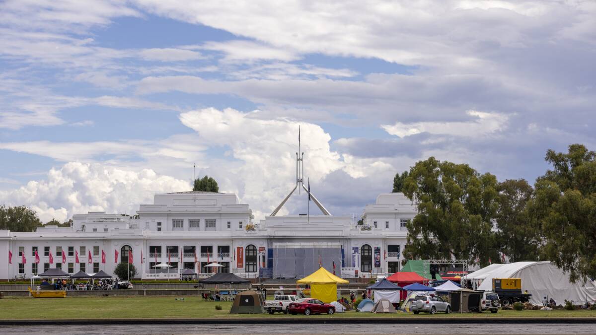 A large number of First Nations peoples gather at the Tent Embassy ahead of its 50th anniversary. Picture: Keegan Carroll