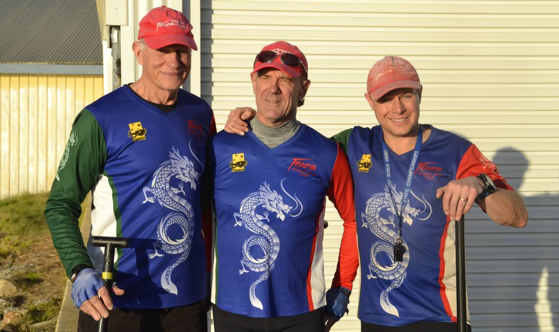 Forza Dragon Boat Club Chairman John Campbell, life member Mark Kusin and Coach Paul Harrison. 