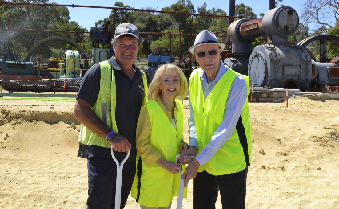 Construction begins: Shire of Harvey president Paul Gillett, Federal Member for Forrest Nola Marino and former President of Yarloop Workshop Incorporated Geoff Cattach turning the sod. Picture: Pip Waller 