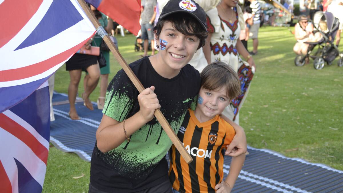 Representing the United Kingdom: Leo and George enjoyed taking part in the festival's Flag Parade. Picture: Pip Waller 