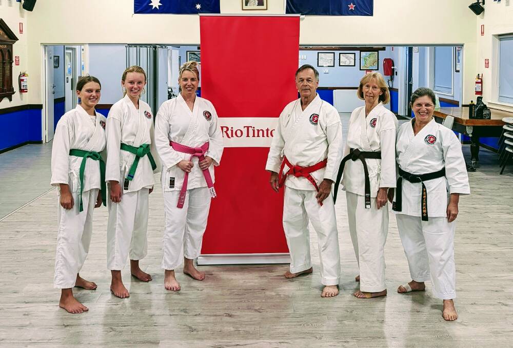 Supporting the pink belts: Mya and Hiedi Slater, Pink Belt Project founder Kristy Hitchens, South West Goju Ryu head hnstructor Alan Burdett, Christa Lewin and Lisa Skrypichayko. Picture: supplied