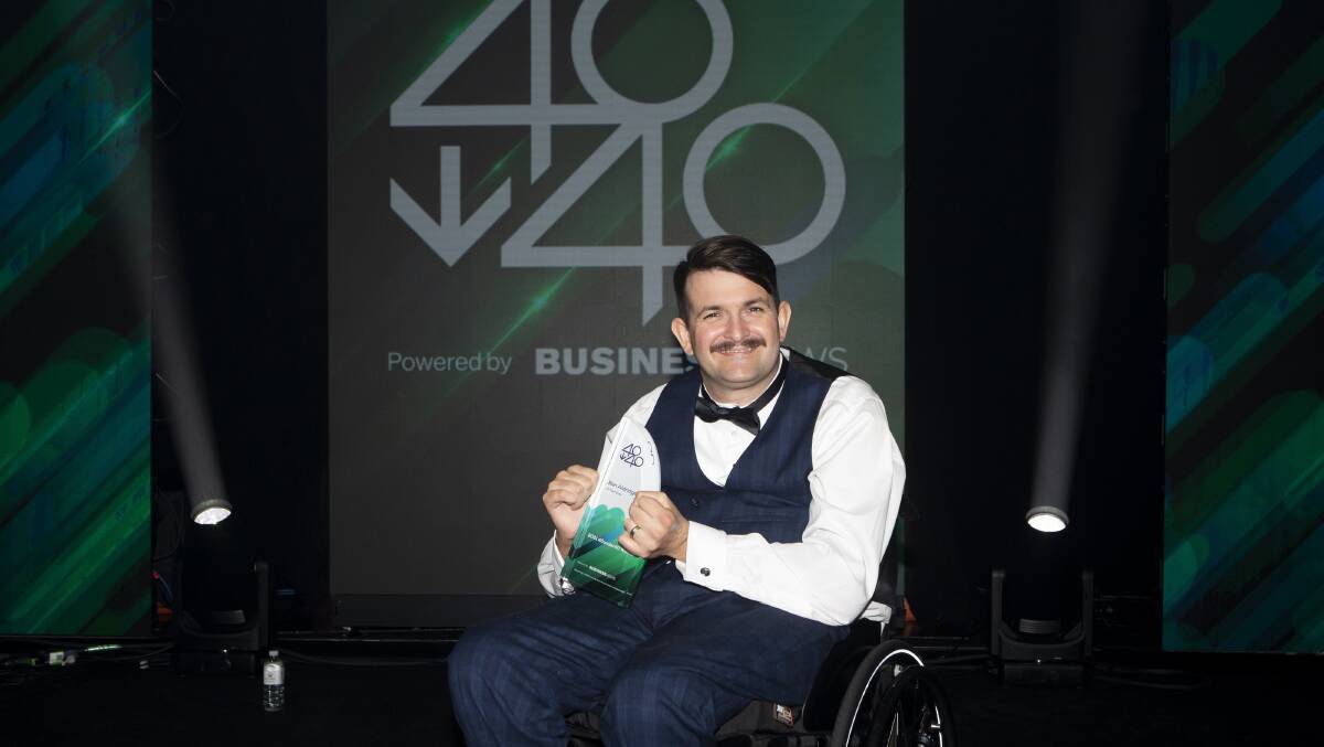 Mr Aldridge with his recent award for an Outstanding Leader, at the 2021 40 Under 40 awards. Photo is supplied. 