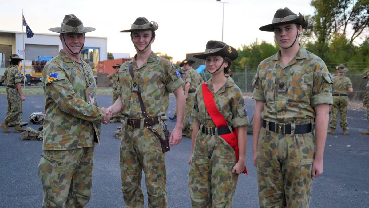 Promoted: Bunbury 515ACU officer commanding, sergeant Troy Mayne with cadet under officer Darcy Reid, cadet warrant officer Naiya Watts and cadet sergeant Zachary Thomas. Picture: Pip Waller 
