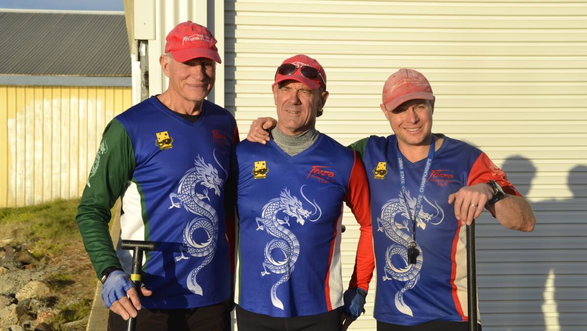History in the making: Forza Dragon Boat Club Chairman John Campbell, life member Mark Kusin and Coach Paul Harrison. Picture: Pip Waller 