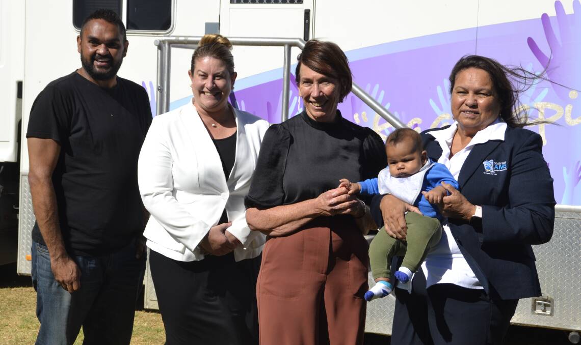 Funding promise: SWAMS chairman Ernie Hill, WA Labor Candidate for Forrest Bronwen English, Senator Sue Lines, SWAMS chief executive Lesley Nelson with three-month-old Gregory Abbott. Picture: Pip Waller 