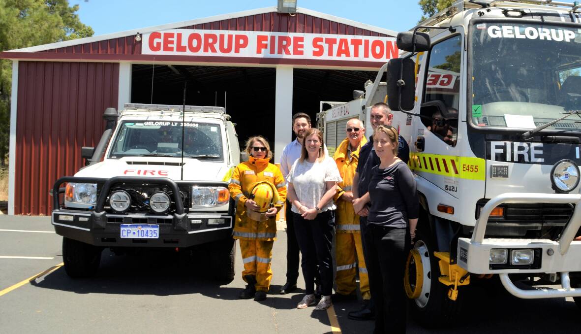 Funding announced: Glenys Malatesta, Doug Kitchen, Jodie Hanns,, chief volunteer Chris Scott, DFES area officer Ricky Southgate and Shire employee Andriena Ciric.
