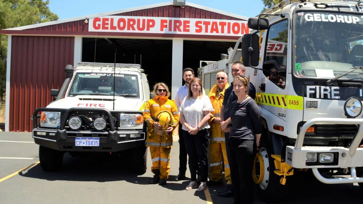 Funding announced: Glenys Malatesta, Doug Kitchen, Jodie Hanns,, chief volunteer Chris Scott, DFES area officer Ricky Southgate and Shire employee Andriena Ciric. Picture: Pip Waller 