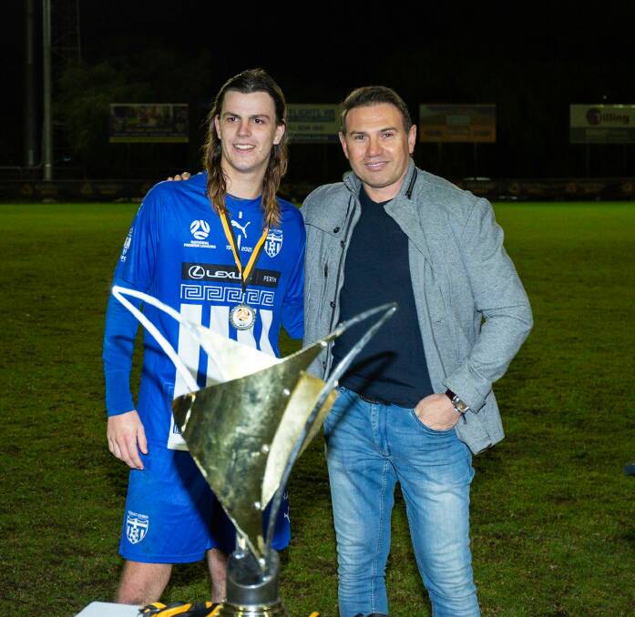 Bunbury's Ben Steele with Stan Lazaridis after winning the Man of the Match award. Photo by Tom McCarthy. 