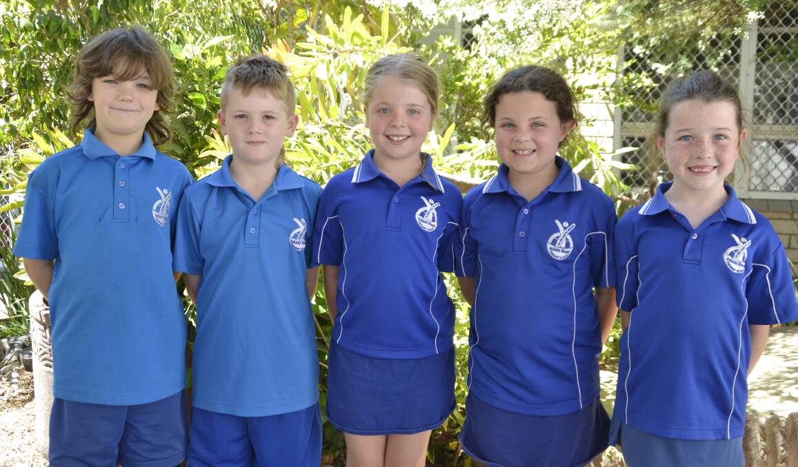 Excited for Christmas: Adam Road Primary School year two students Rhys Rowlands, Kayden Fidler-Howell, Allira Brandis, Verona Mangano and Grace Birch. Photo: Pip Waller 