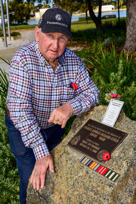 An emotional Tom Dillon at the memorial to his best mate Arnold Dick Sykes, who was killed in the Vietnam War in 1969. Picture by David Bailey.