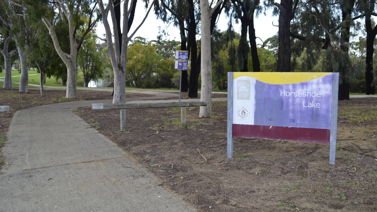 In need of repairs: The main sign for Horseshoe Lake along Bunning Boulevard was looking a little worse for wear. Picture: Pip Waller 