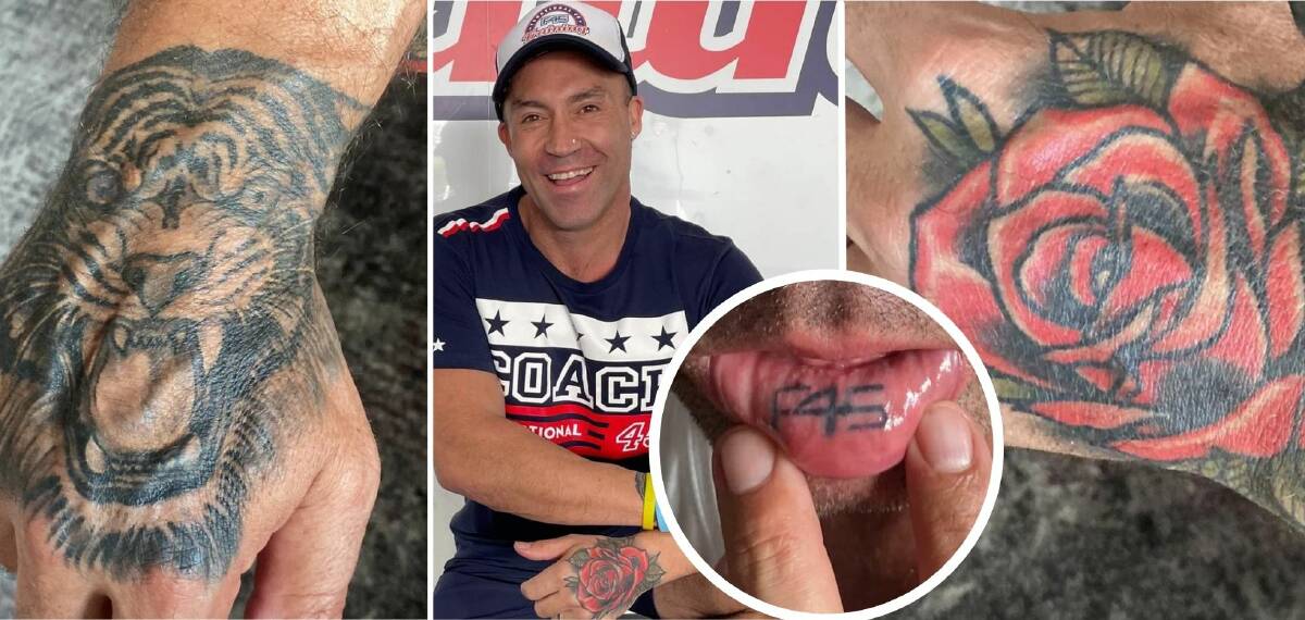 Gym love: Dave loves his F45 gym so much, he got it tattooed on his lip. Pictures: Supplied.