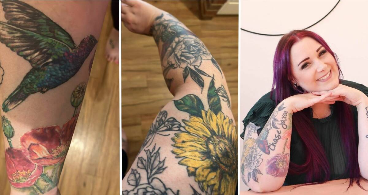 Artwork: Renee's floral sleeve are a pretty way of remembering loved ones. Pictures: Supplied.