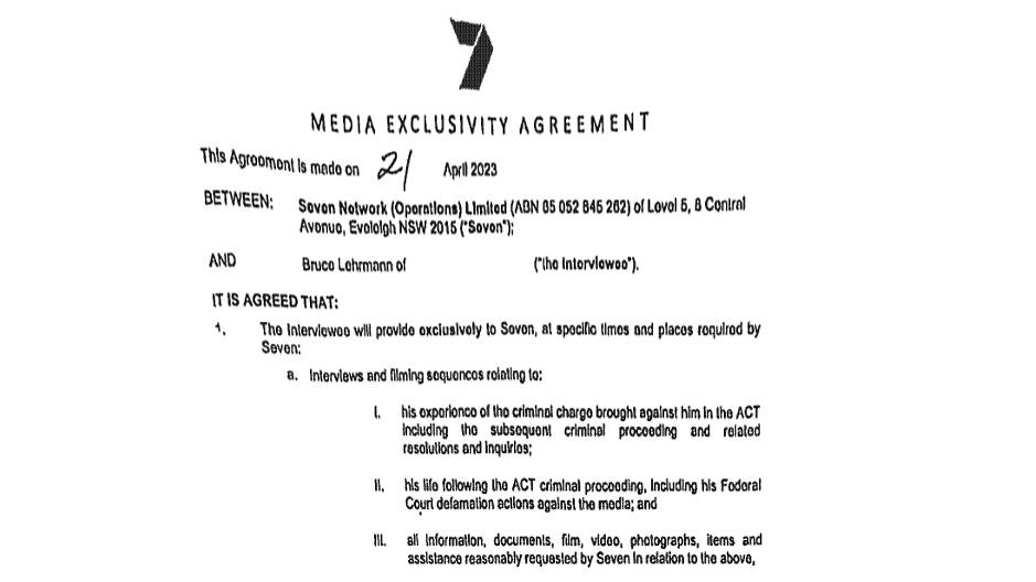 Bruce Lehrmann's media exclusivity agreement. Picture supplied