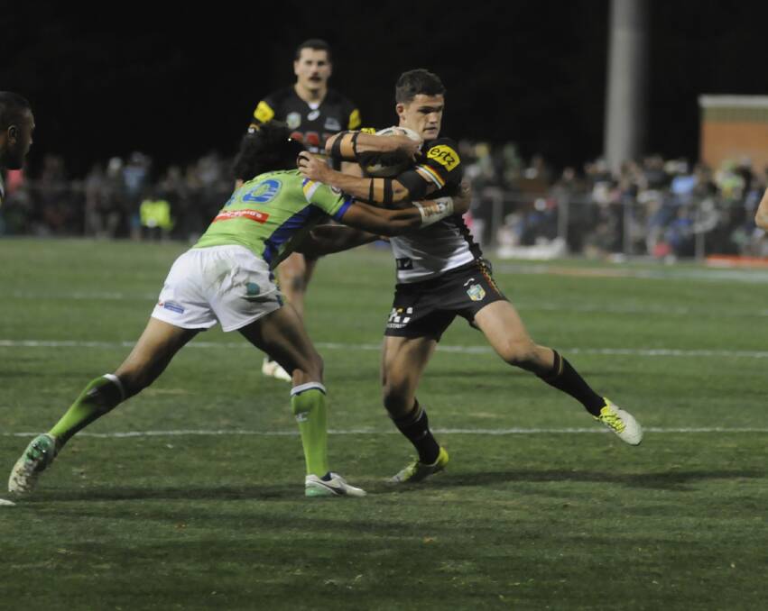 THRILLING FINISH: Penrith Panthers halfback Nathan Cleary takes on the line at Carrington Park on Saturday night. Photo: CHRIS SEABROOK