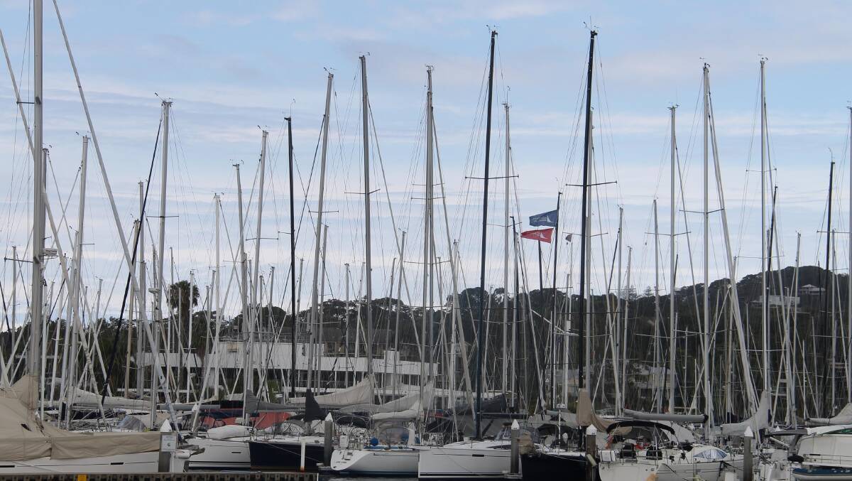 A veritable sea of masts on a parking lot in Pittwater.
