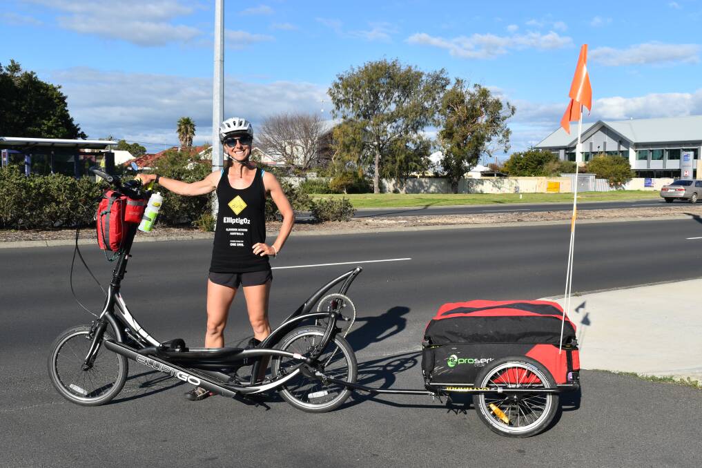 British athlete and adventurer Emma Timmis visited Bunbury on Monday during her 8,000 kilometre journey across Australia riding an Elliptigo. 