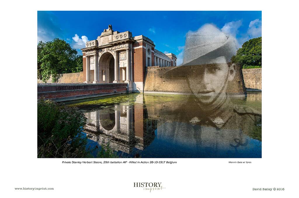 A print of Private Stanley Herbert Steere that Mr Bailey had made and presented to the Bunbury RSL on Anzac Day. The background is Menin Gate at Ypres. Photo by David Bailey. 