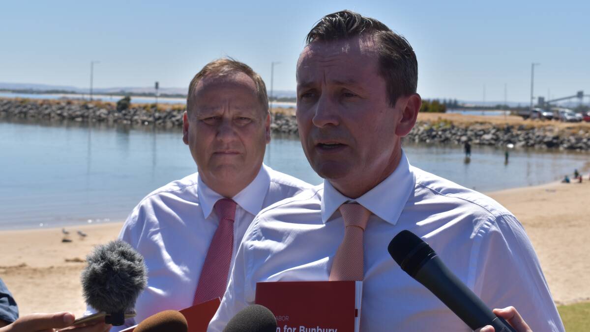 WA Labor leader Mark McGowan and Labor candidate for Bunbury Don Punch discussing their plan for Bunbury on Wednesday morning. Photo: Andrew Elstermann.