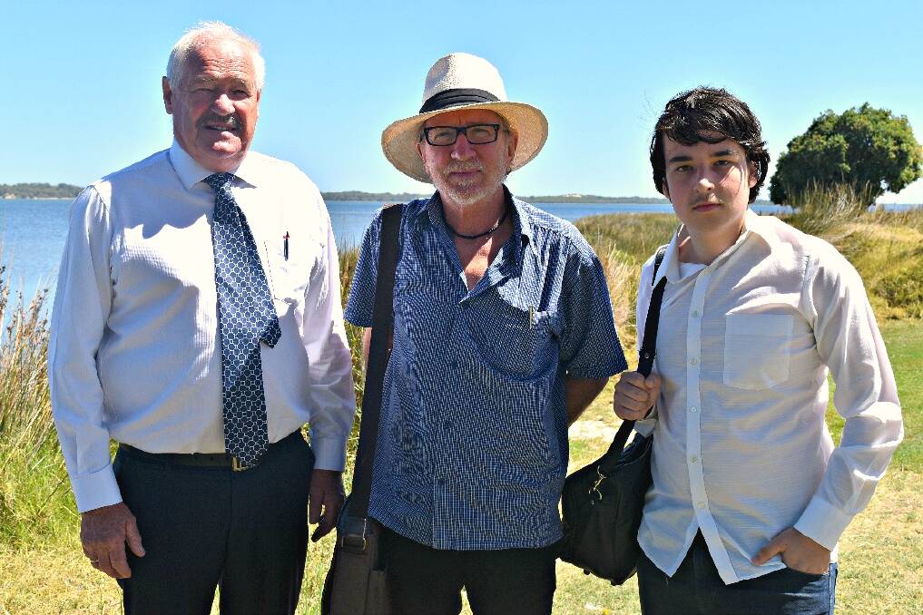 Collie-Preston MLA Mick Murray with John Boyle O’Reilly Association member Peter Murphy and historian Lachlan Kelly at the site of Labor's proposed historic walk trail along the Leschenault Inlet. 