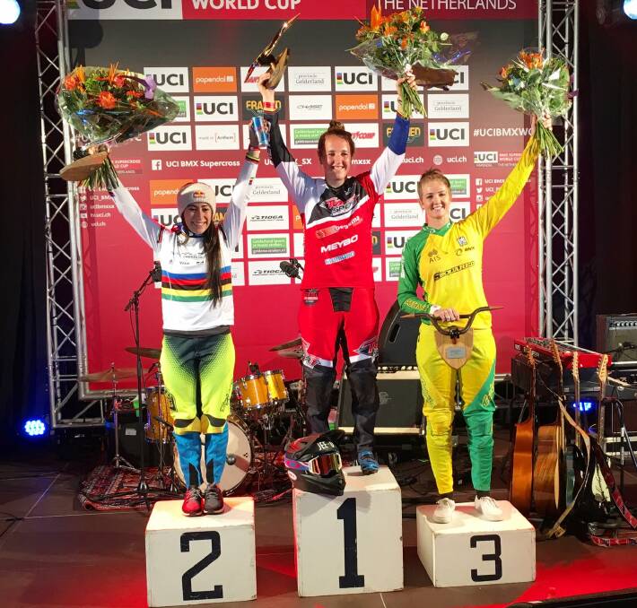 Bunbury BMX rider Lauren Reynolds finished last weekend's world cup round in the Netherlands in third place. Photo: Facebook.