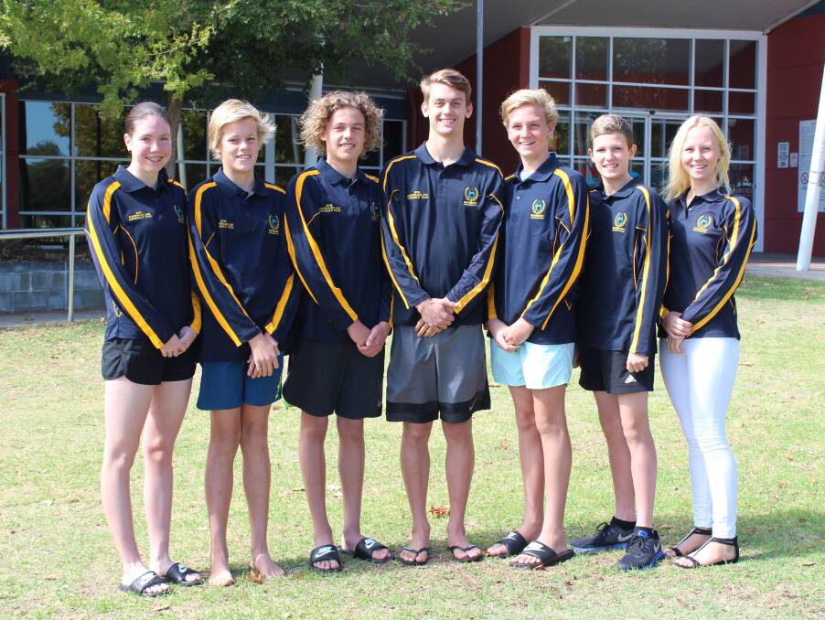 Swimming for greatness: Maddison Stewart (15), Sam Ellis (13), Max Coulter (14), Jye Jensen (16), Kyle Lee (16), Kaiden Richings (14) and Courtney Lee (18). Photo: Supplied. 