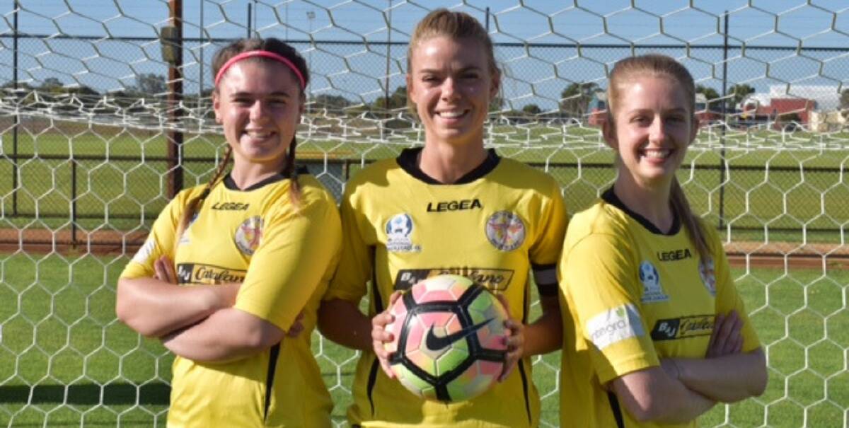 Enjoying the world game: Golden Boot 2018 recipient Eleanor Coventry, Firebirds' captain Lucy Scott, and new signing Shauna Wetherell. The Firebirds will clash with Wanneroo City on April 28. Photo: Supplied. 