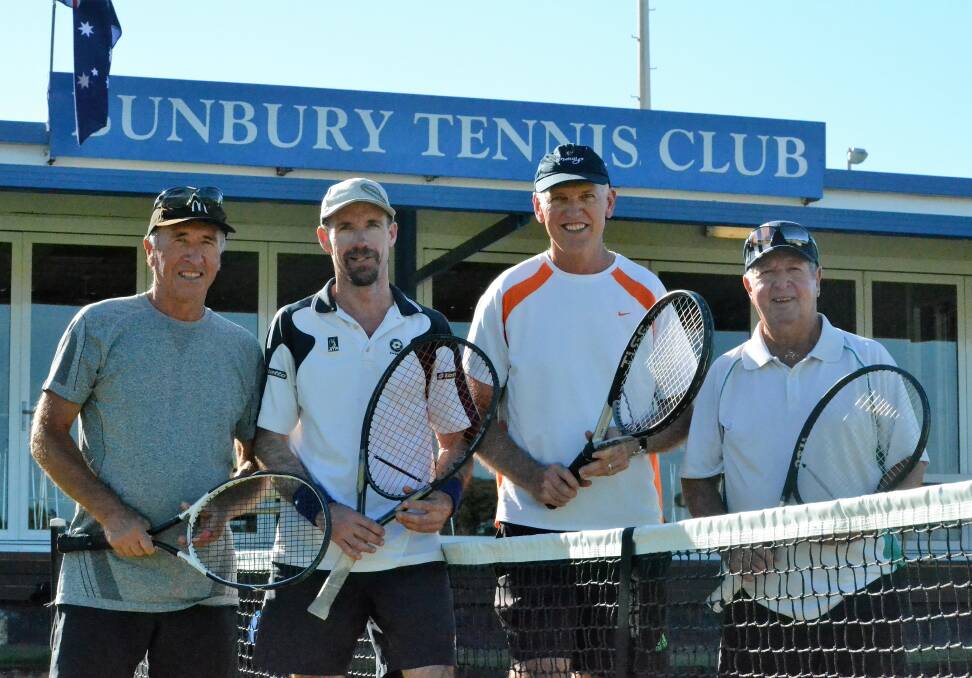 Having a smashing time: Bunbury Tennis Club players George Kokir, Carl Parkin, Jeff Glossop, and Kevin Dingle. Photo: Thomas Munday. 