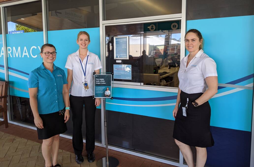 On the front line: South West Hospital Pharmacy staff members Emily Fletcher and Shauna Wetherell with managing partner Leah Henderson. Photo: Supplied. 